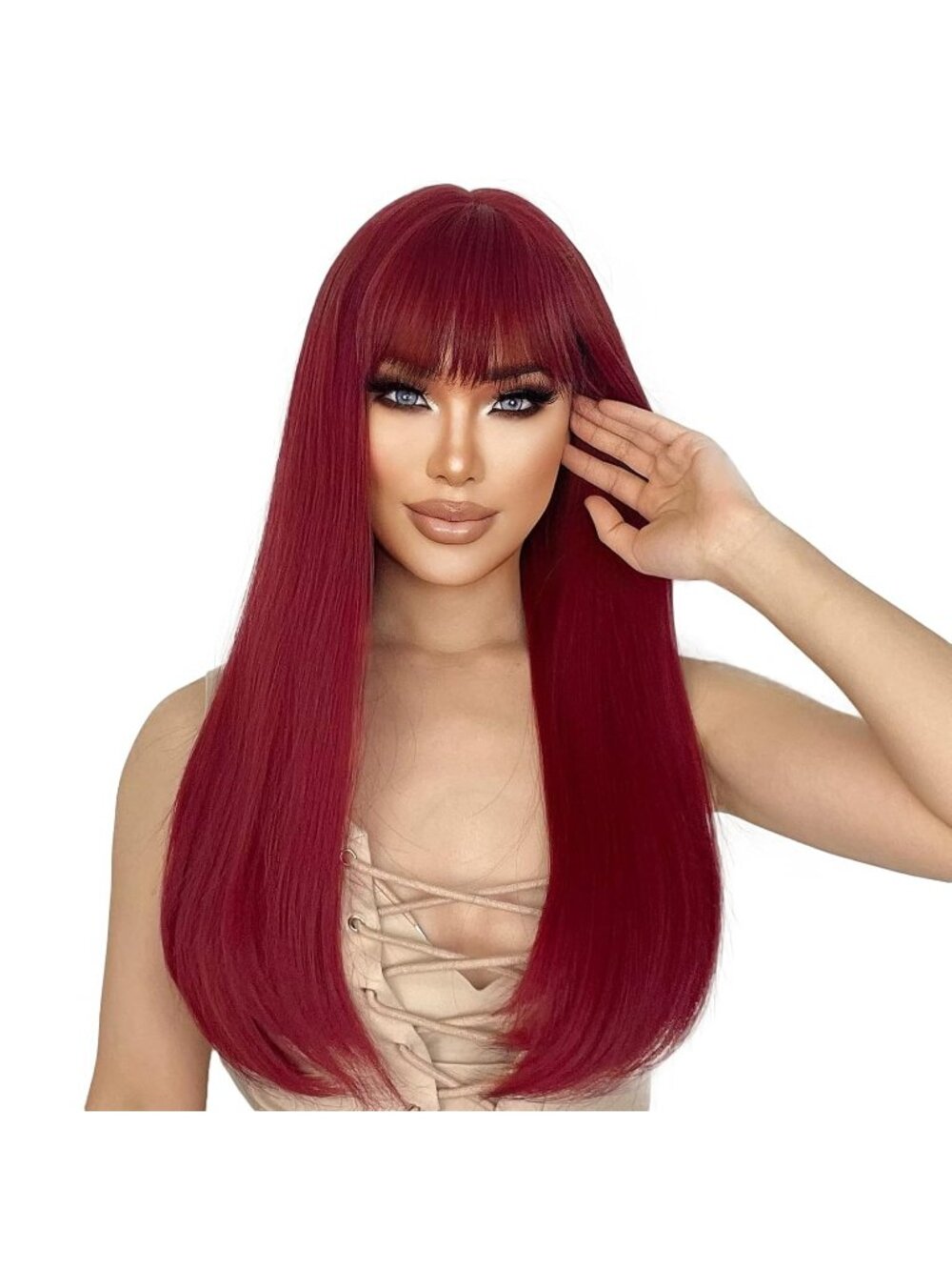 Women's Red 22 Inch Heat Resistant Synthetic Long Straight Wigs Bangs
